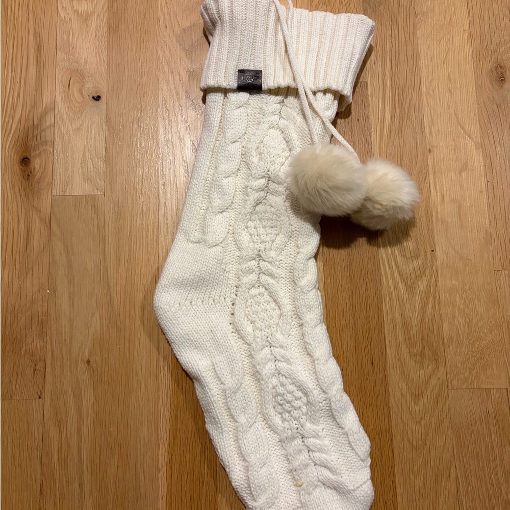 UGG White Knit Holiday Stocking With Fur Pom Pom Christmas Cable Knit